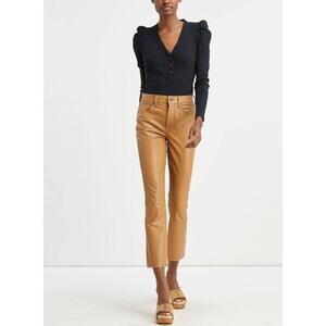 High-Rise Cropped Faux-Leather Jeans in Camel Brown